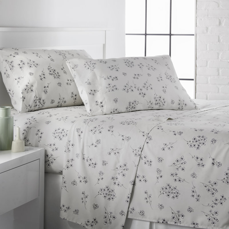 Sweet Florals Collection Floral Sheet Set, Lunar Gray, Queen Sheet Set
