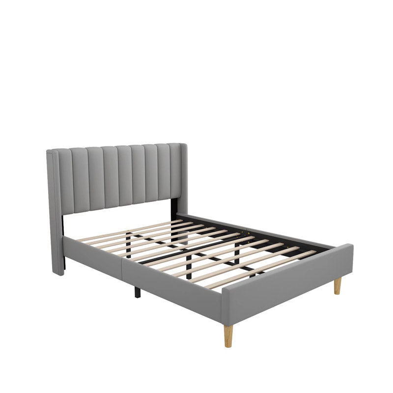 Deeb Vertical Channel Tufted Wingback Platform Bed, Full / Double, Grey Velvet