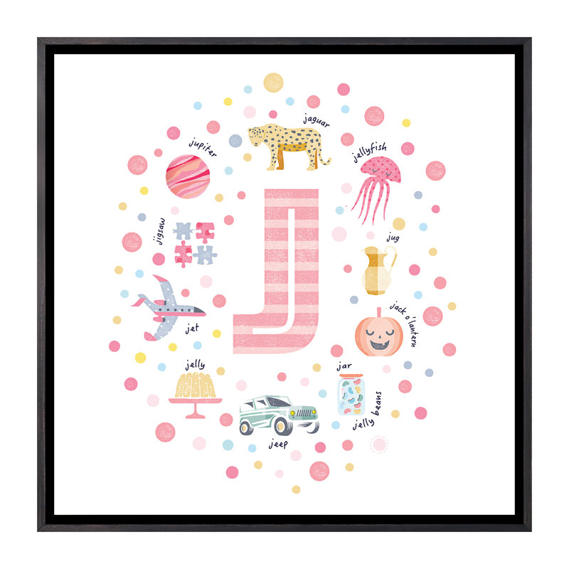 Lettre illustrée J rose - impression, Pas de tapis, H 37 po x l 37 po x P 1,5 po, Toile avec cadre noir patiné