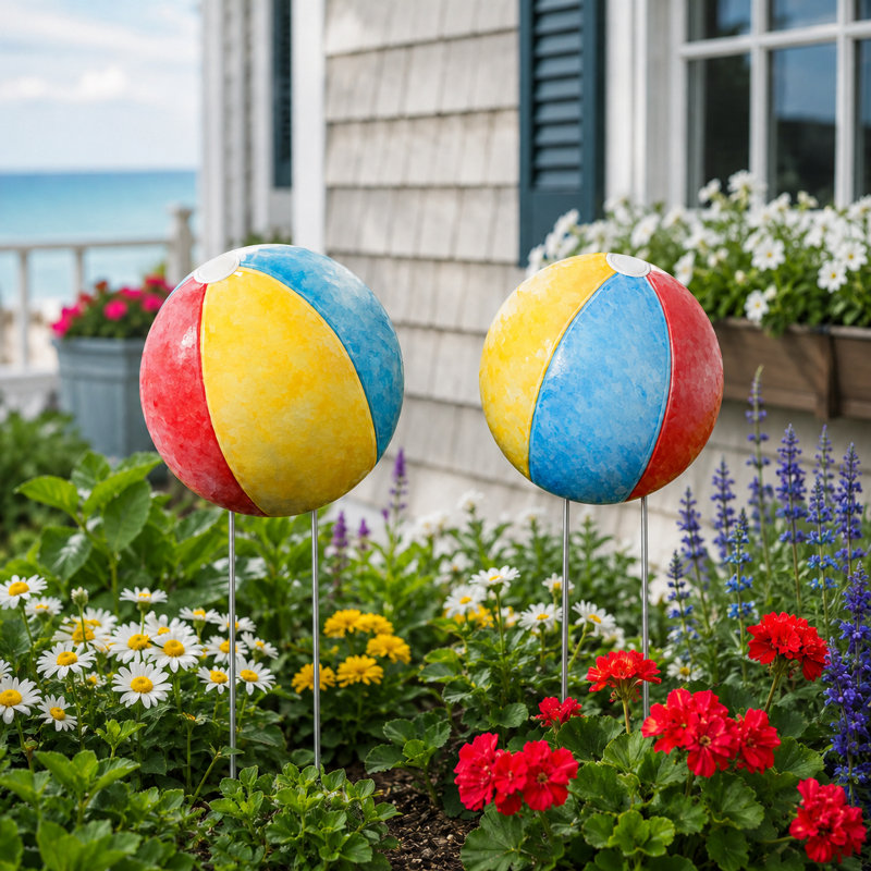 Ensemble de deux panneaux de jardin ronds en PVC de 30 cm (12 pouces) représentant des ballons de plage.