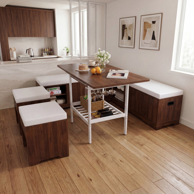 Ensemble de table de coin-repas extensible avec bancs et tabourets de rangement, ensemble de table de salle à manger de coin 6 pièces