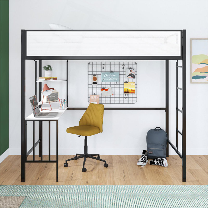 Lit mezzanine simple avec bureau et tablettes Axel, Lit simple