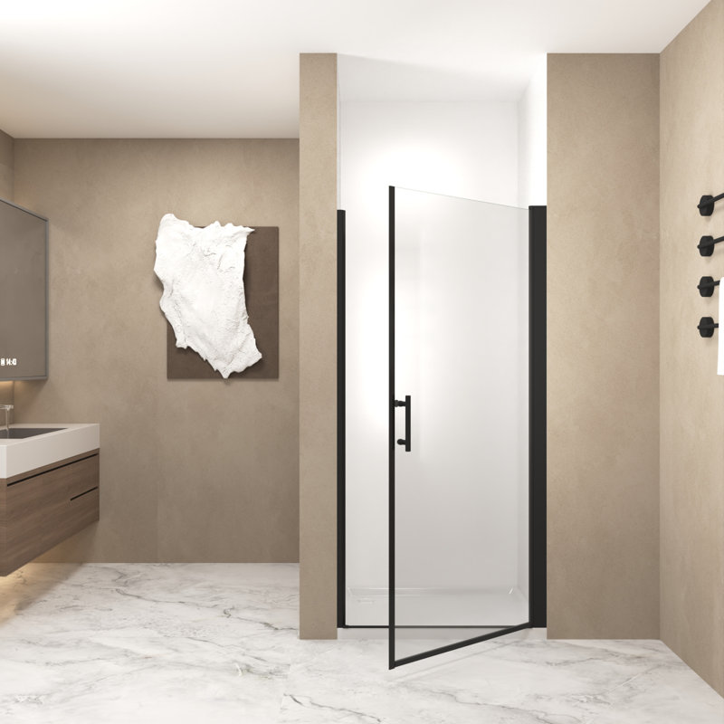 36"X 72" Pivot Shower Door, Matte Black Aluminum Frame, Half Frame ,1/4"(6Mm) Tempered Glass Explosion Proof Film