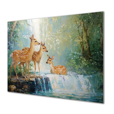 Deer Family By A Waterfall II - Animals Metal Wall Art, Deer Metal Print