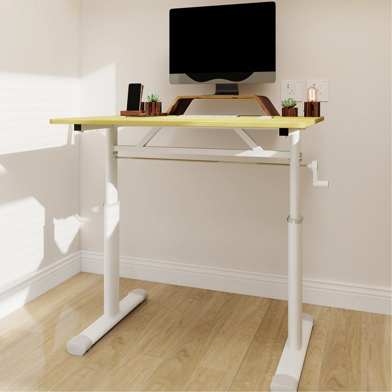 Hauteur - Bureau réglable pour et adultes, pieds de table blancs, mécanisme à main, support à double colonne, petit bureau adapté et ajustement, matériau en fer et bois, style polyvalent