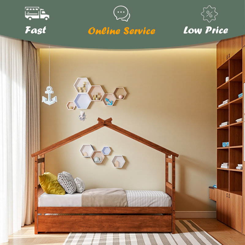 Lit en bois avec lit gigogne simple, Lit simple, Brun