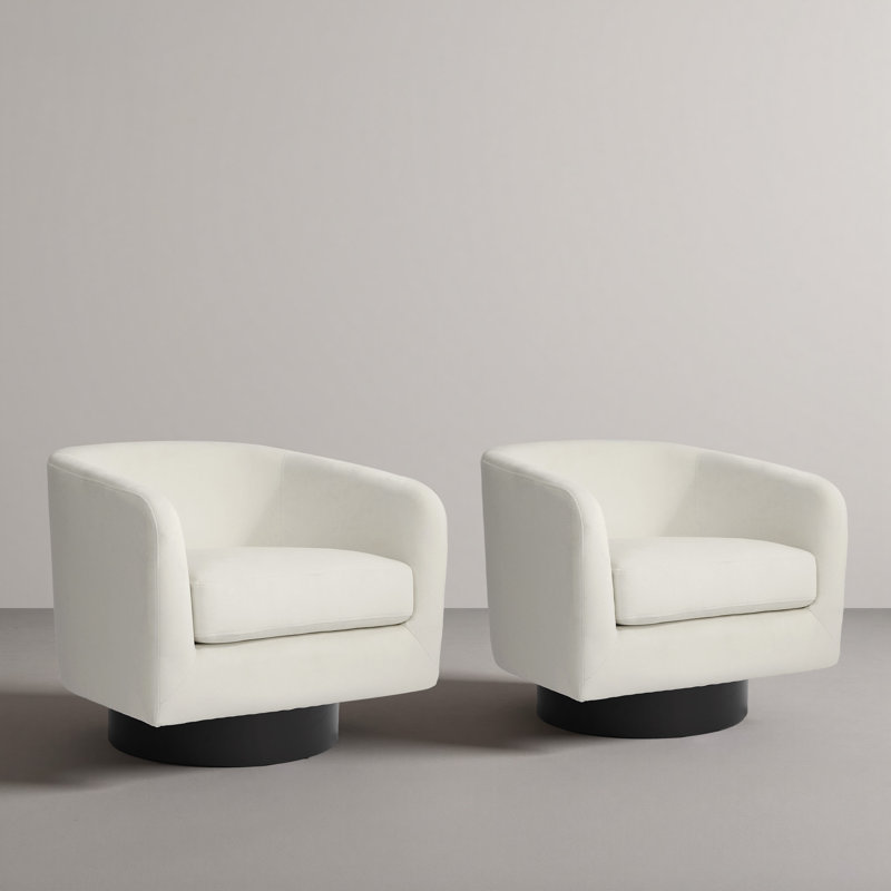 Eugenie Applewold Upholstered Ivory Velvet Swivel Barrel Chair with Solid Wood Base, Ivory