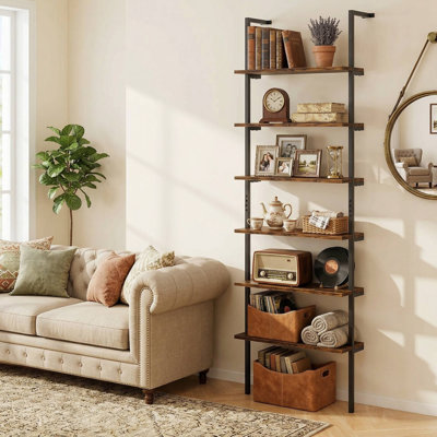 72" Industrial 6-Tier Ladder Wall-Mounted Bookshelf, Reinforced Rust-Resistant Metal Frame & Spacious Open Display Shelves, Fits Living Room, Study, Entryway
