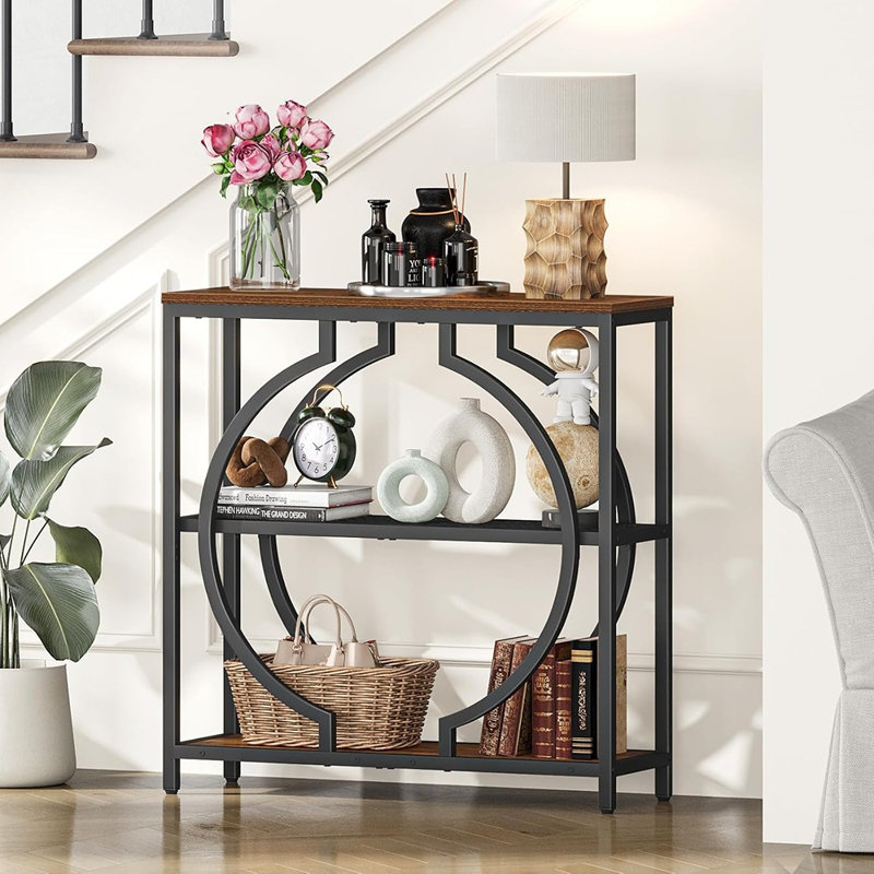 Table d'entrée avec tablettes de rangement à 3 niveaux, table de console industrielle à console étroite avec base circulaire, table d'entrée derrière le canapé pour le couloir, le salon, le vestibule
