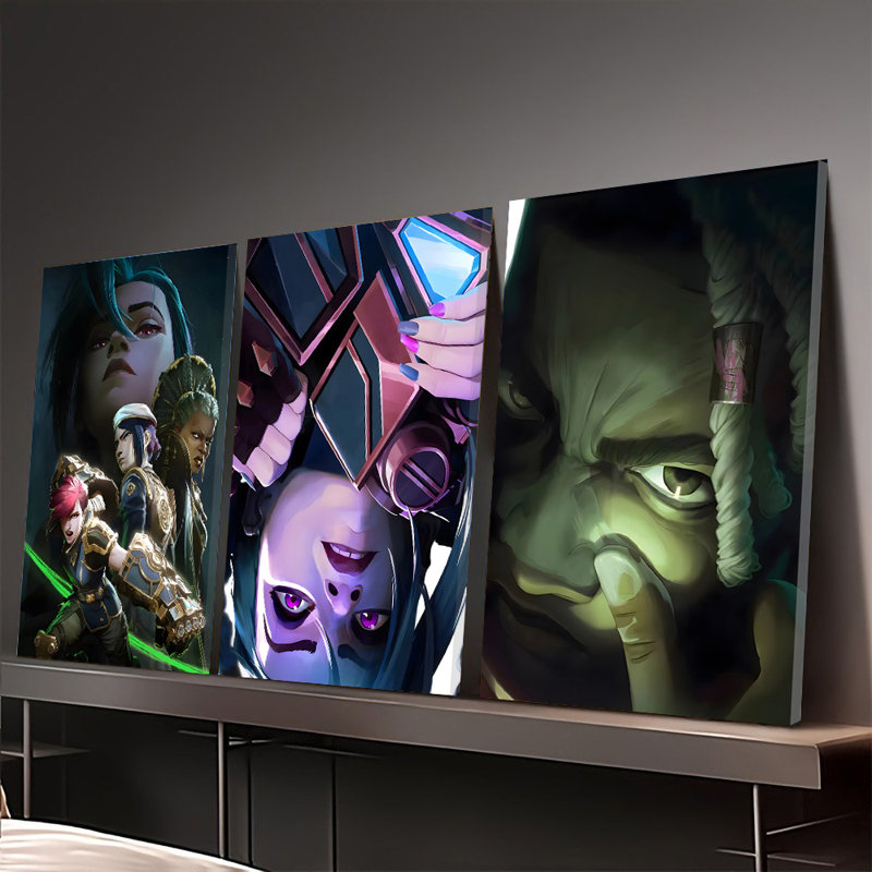 3PCS Wall Arts Posters Framed, Arcane League of Legends Canvas Wall Art Collection - Jinx Vi Caitlyn Jayce Silco Character Prints for Gaming Room Decor Modern Fantasy Artwork Home Decorations Posters for Gamers and Fans