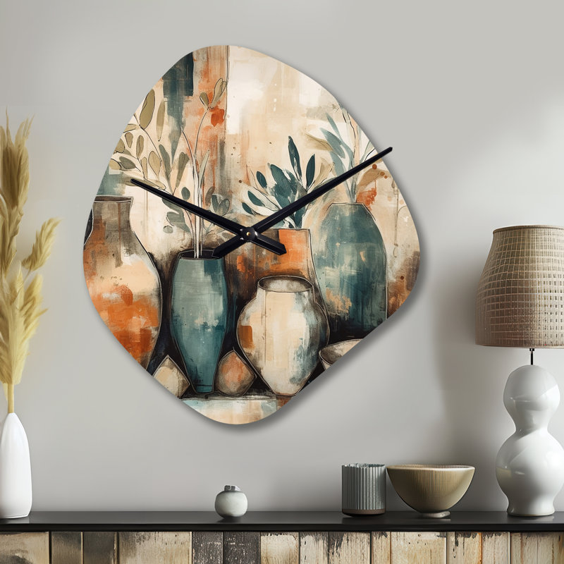Orange et vert canalisant les vibrations bohémiennes - horloge murale asymétrique en métal Boho, impression d'horloge murale de forme irrégulière orange