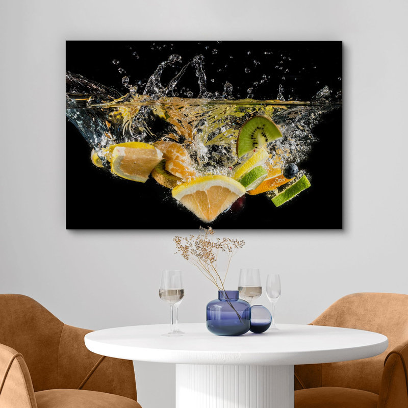 Citron et kiwi éclaboussant la cuisine et la cuisine, photographie d'art moderne, décoration murale, H 32 po x l 48 po