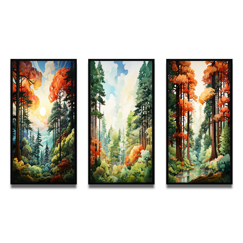 «Redwood Tree Shimmering Heights», 3 pièces sur toile, Cadre noir, H 40 po x l 20 po