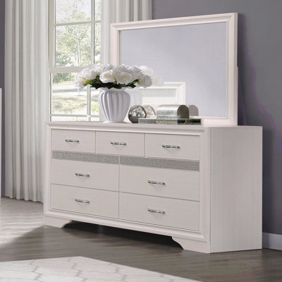 Modern Glam Dresser Of 7-Drawers White And Silver Glitter Hidden Jewelry Drawers Ball Bearing Glides Modern Wooden Bedroom Furniture