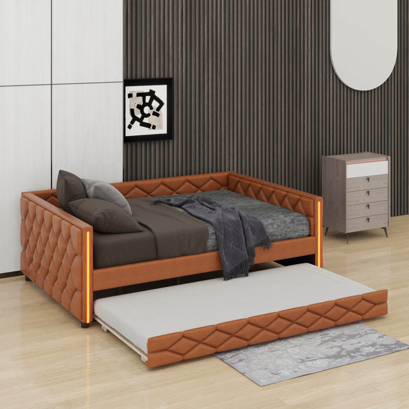 Full XL Size Upholstered Daybed With Trundle And LED, Brown