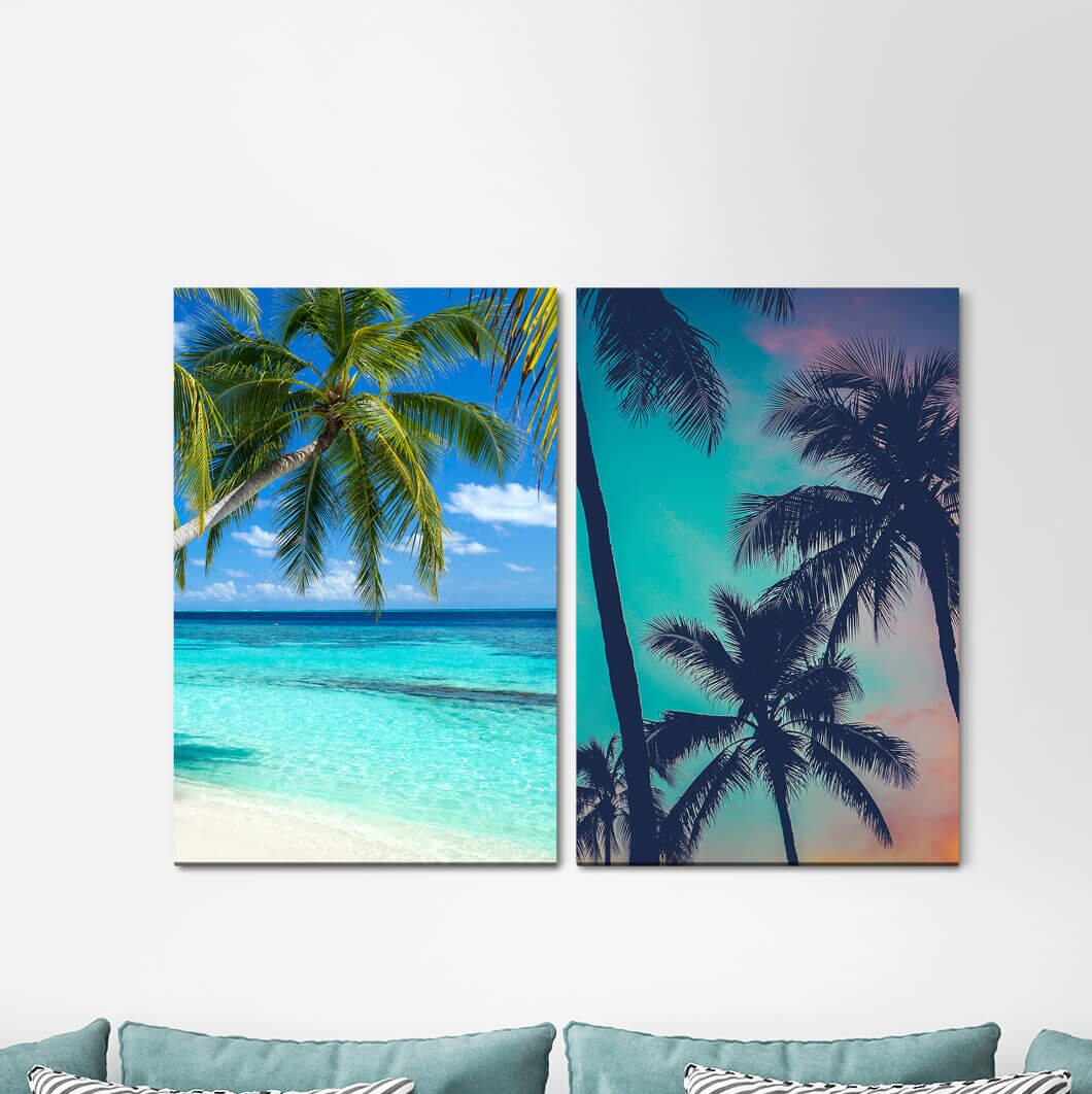 2-tlg. Leinwandbilder-Set - Fotografie „Palms Sea Turquoise Dream Beach Vacation Summer Holiday Paradise”