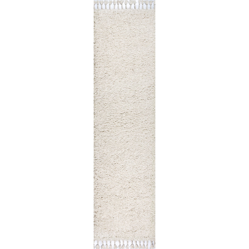 Tapis blanc à poil long et pampilles Felicdad, Tapis de couloir 2 pi 3 po x 8 pi