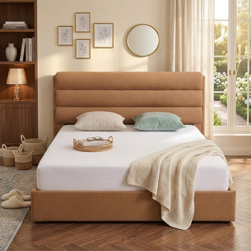 Upholstered Lift-Up Storage Platform Bed, King, Ginkgo Yellow