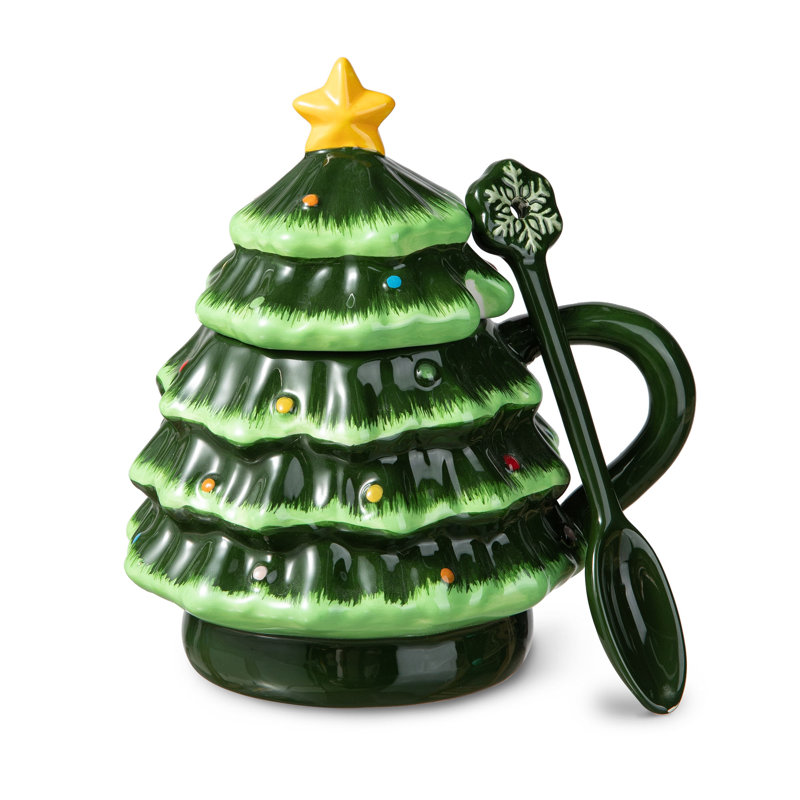 Tasse d'arbre de Noël en céramique 6,5 "avec couvercle et cuillère