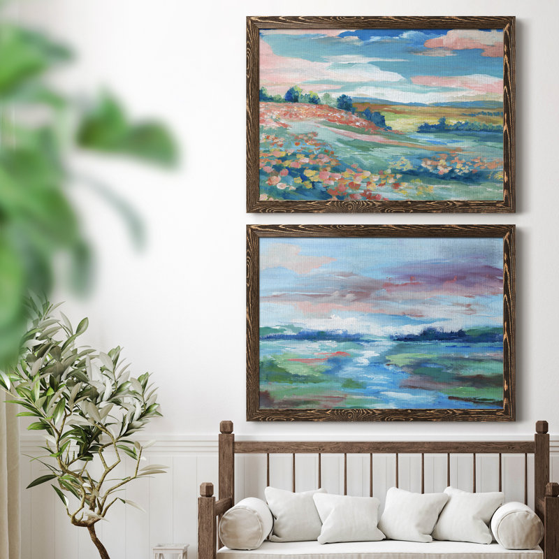 Vue pastorale - Ensemble de 2 peintures sur toile encadrées, Encadré de bois de noyer, H 37,5 po x l 55 po x P 1,5 po