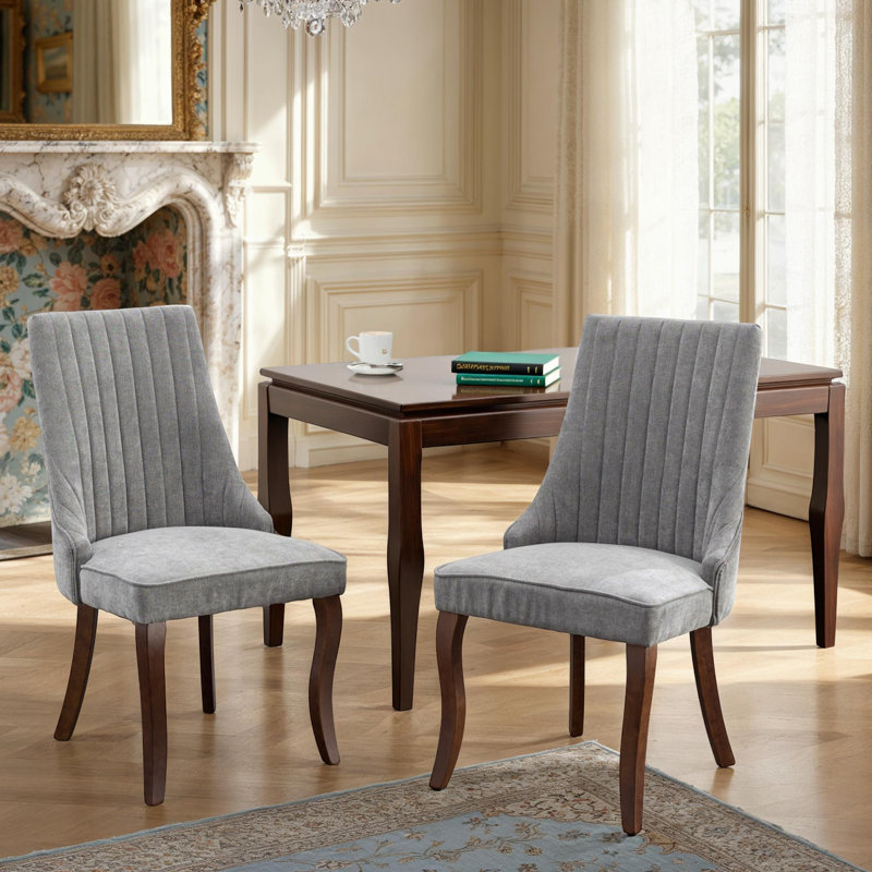 Elastic Cushion and Curved Solid Wood Legs Kitchen Side Chairs Set of 2 with Fabric Upholstery and High Backrest for Dining Room
