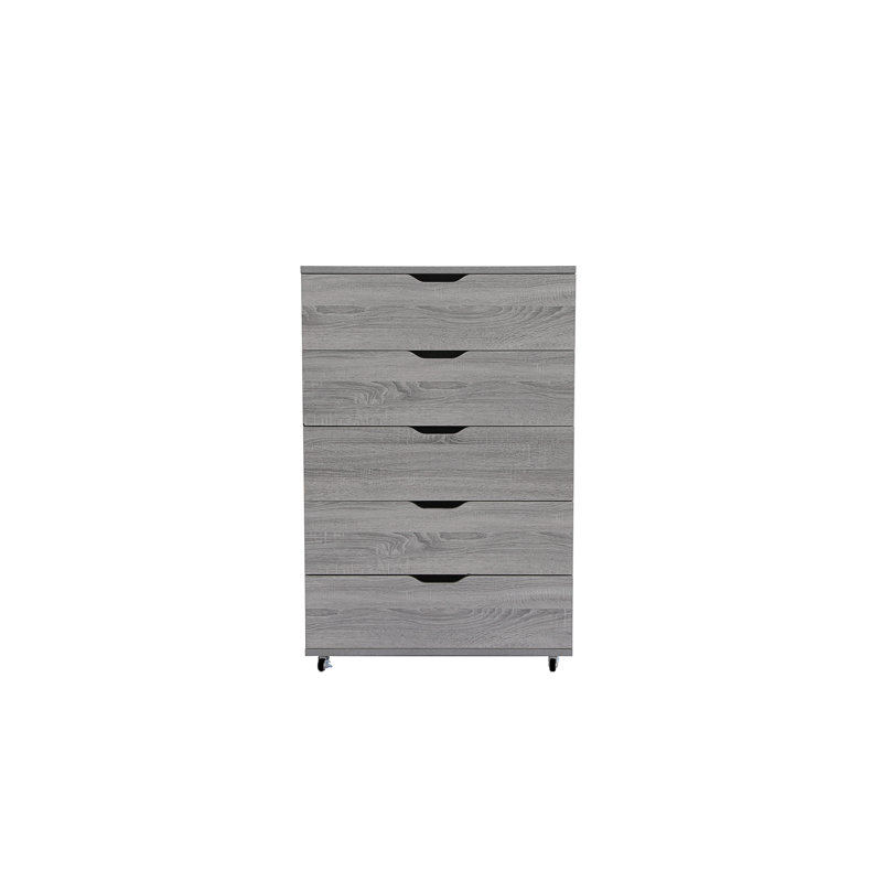 Commode à 5 tiroirs grise avec roulettes - Armoire de rangement moderne (comprend la commode seulement et non le miroir)