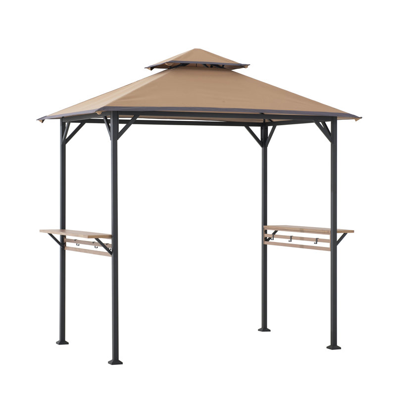 Khaki Double-Tiered Canopy Grill Gazebo with Black Steel Frame
