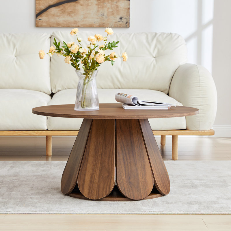 Round Coffee Table With Petal-Shaped Base, Walnut