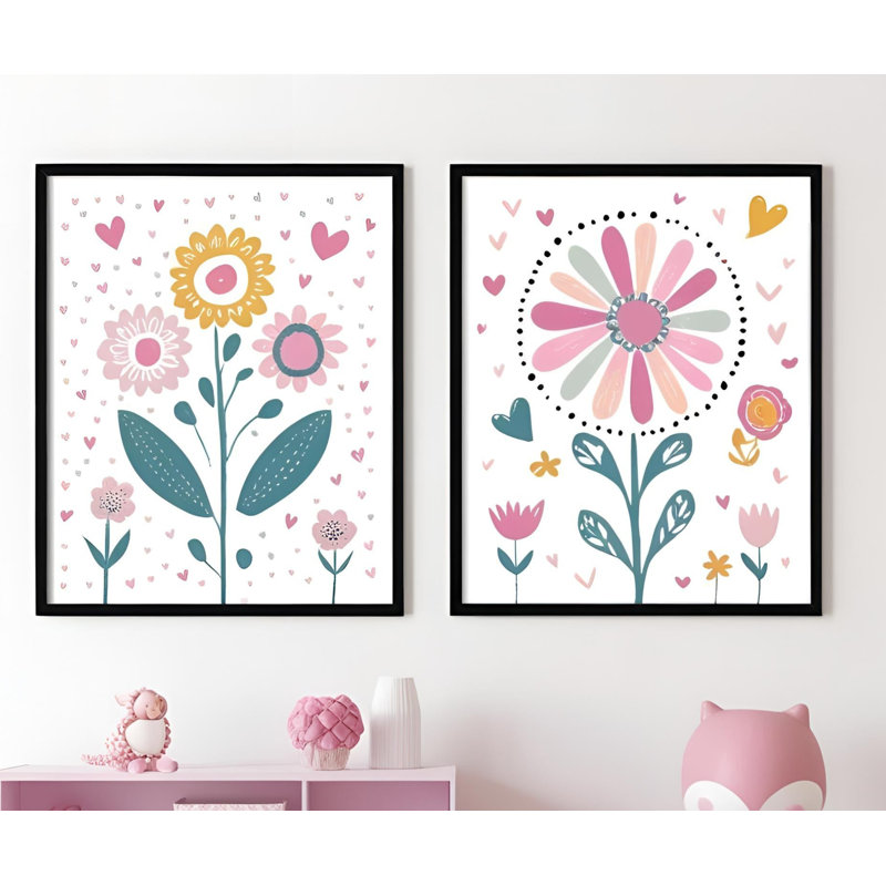 Set Of 2 A4 Wall Art Prints – Unframed Flowers & Hearts – Kids Room Decor