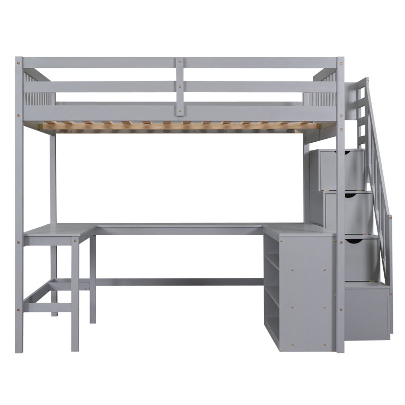 Lit mezzanine avec bureau intégré en forme de L et tablettes de rangement à trois niveaux, et escalier de rangement attaché, Gxaae