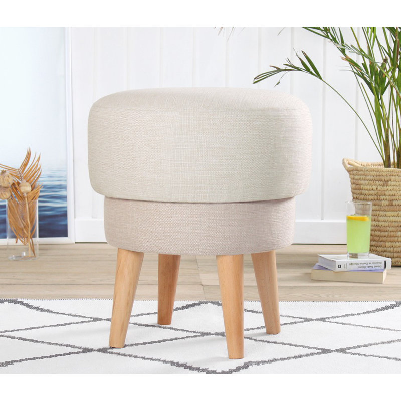 Elegant Pouffe with 100% Linen Cover, Cream Color, 20.1 inches High x 18.5 inches Diameter | 35 DNS Orthopedic Sponge, 2.4 inches Thick | Sturdy Beechwood Legs | Ideal for Living Room & Bedroom Decor