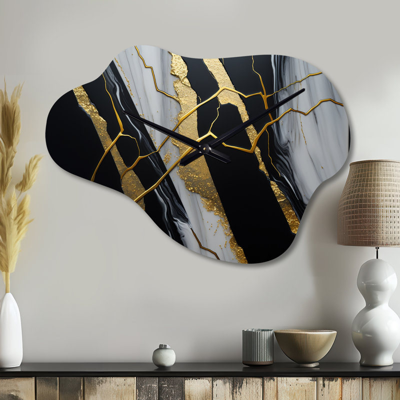 Abstract Geode Black II - Marble Asymmetrical Metal Wall Clock, Modern Cloud Wall Clock Print, Small