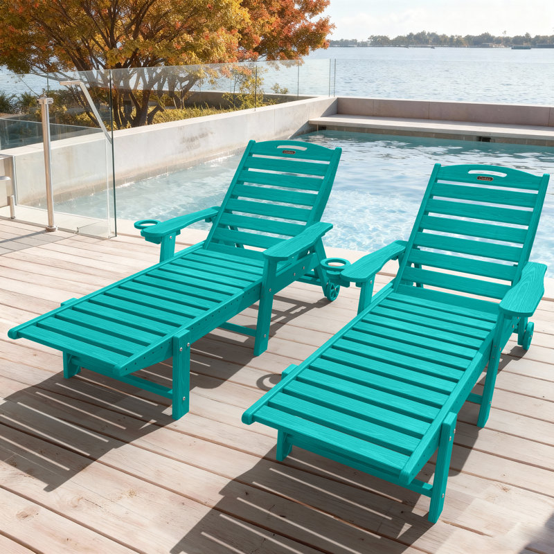 Outdoor Wood Texture Pool Reclining Lounge Chaise  With Wheels & Cup Holder (Set of 2), Lake Blue