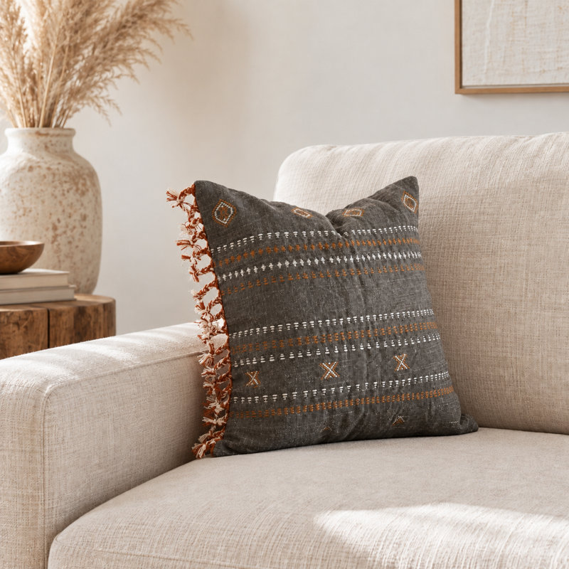 Brown Handwoven Embroidered Cotton Boho Pillow Cover, Brown