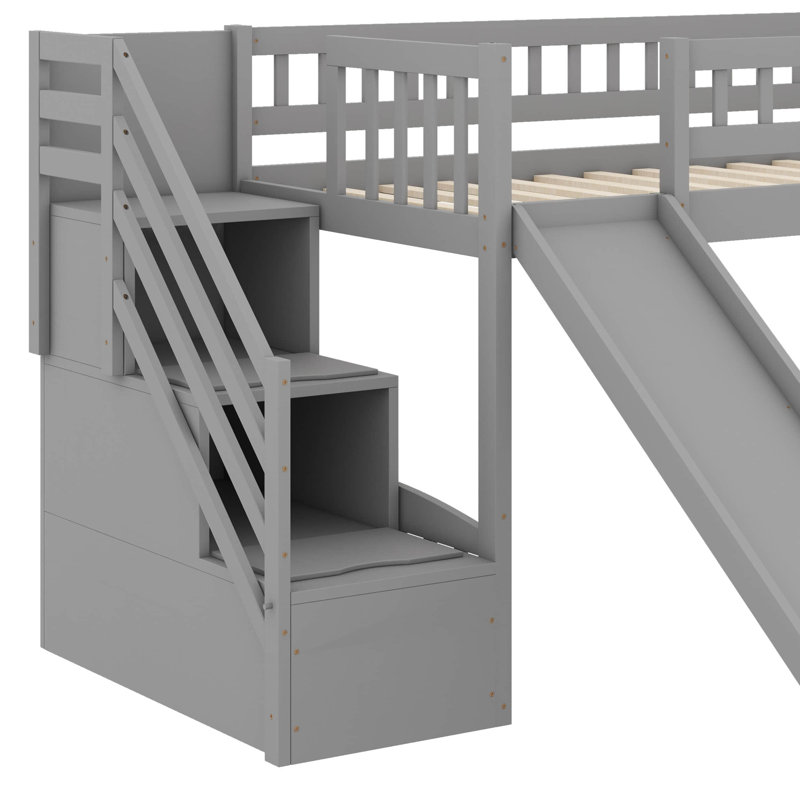 Lit mezzanine simple avec deux tiroirs et glissade Playful Stairway, Gris