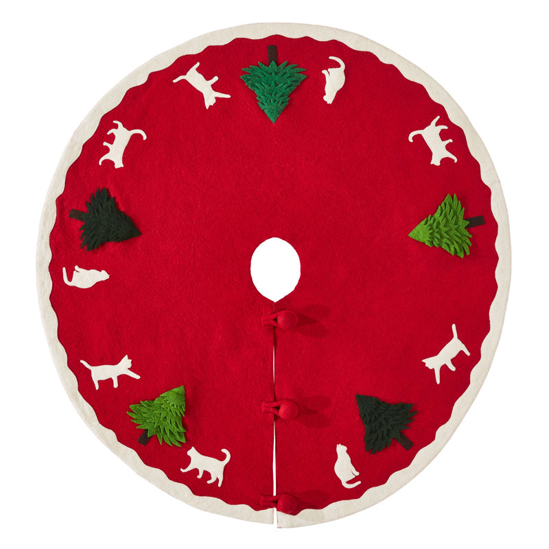 Hand-Felted Red Wool Christmas Tree Skirt with Cats and Trees