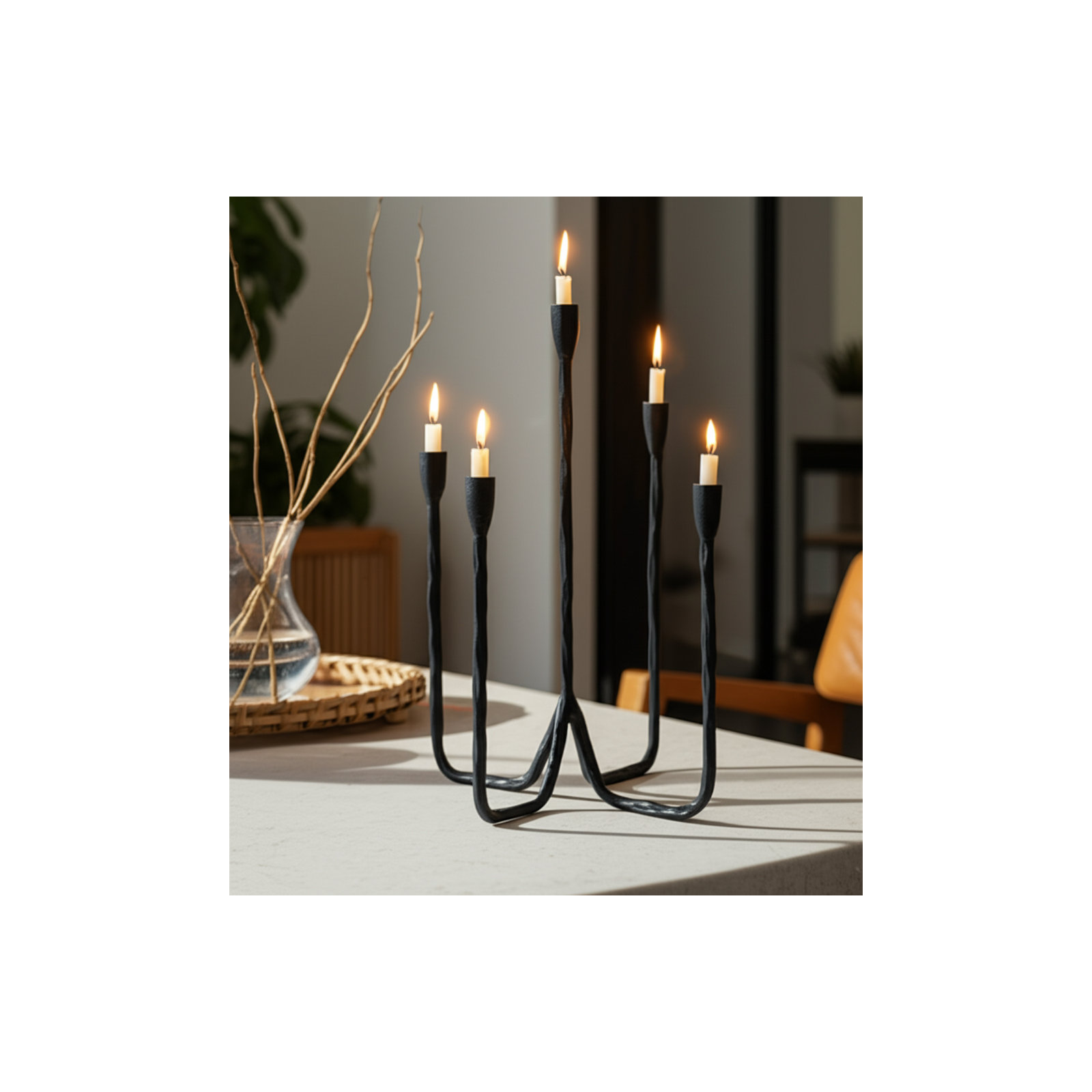 16" Forged 5-Taper Candle Holder, Black, Black