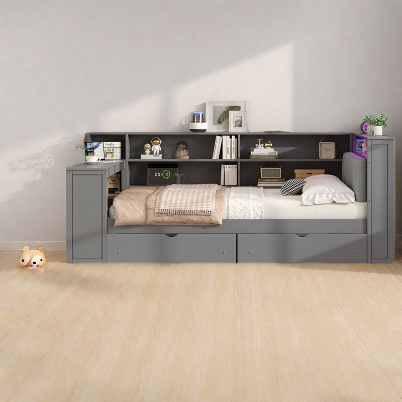 Lit plateforme moderne en bois avec rangement, gris, élégant pour la maison