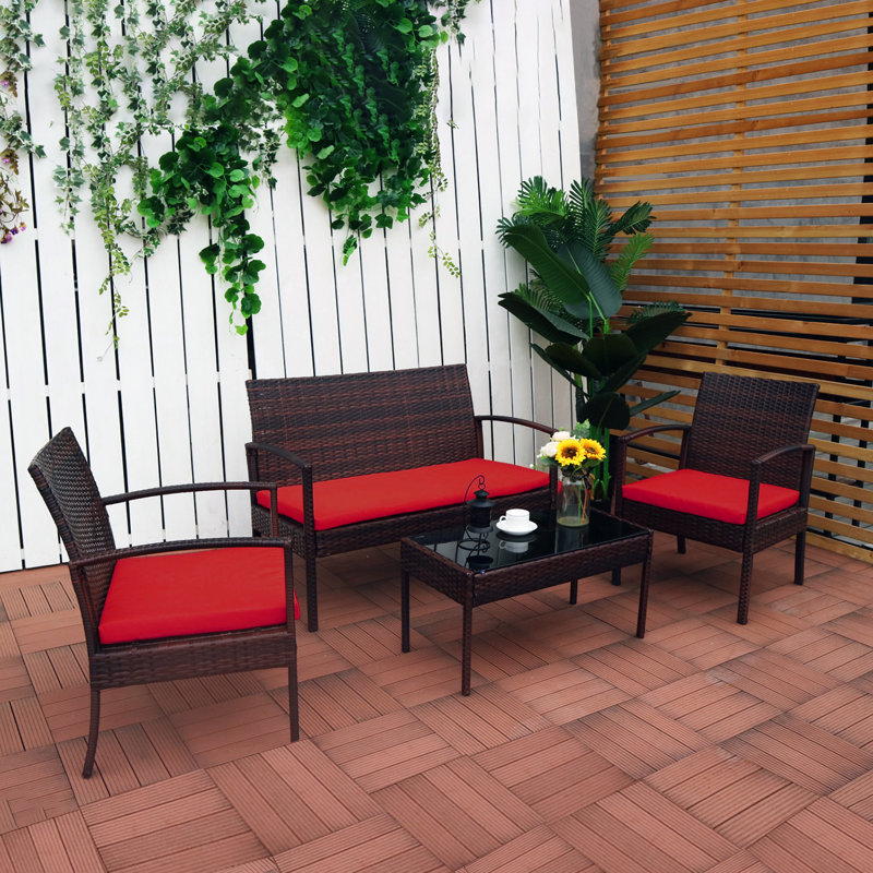 Ensemble de conversation en rotin avec coussins 4 pièces Exmore, Rouge