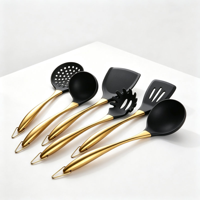 6-Piece Gold Silicone Kitchen Utensil Set with Stainless Steel Handles, Heat Resistant Cooking Tools for Non-Stick Cookware, Spatula Spoon Set
