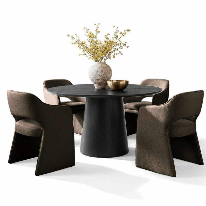 4 - Person Dining Table Sets With Round Table & 4 Upholstered Waterproof Chairs, Brown