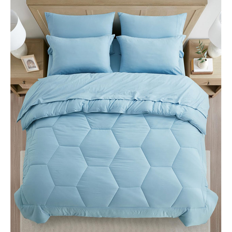 Washed Microfiber 7-Pieces Honeycomb Comforter Set with Sheets, Oversized King Comforter + 6 Additional Pieces, Chambray