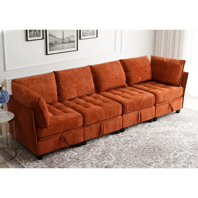Canapé modulaire en chenille 4 pièces avec siège de rangement et canapé modulaire 4 pièces, Orange