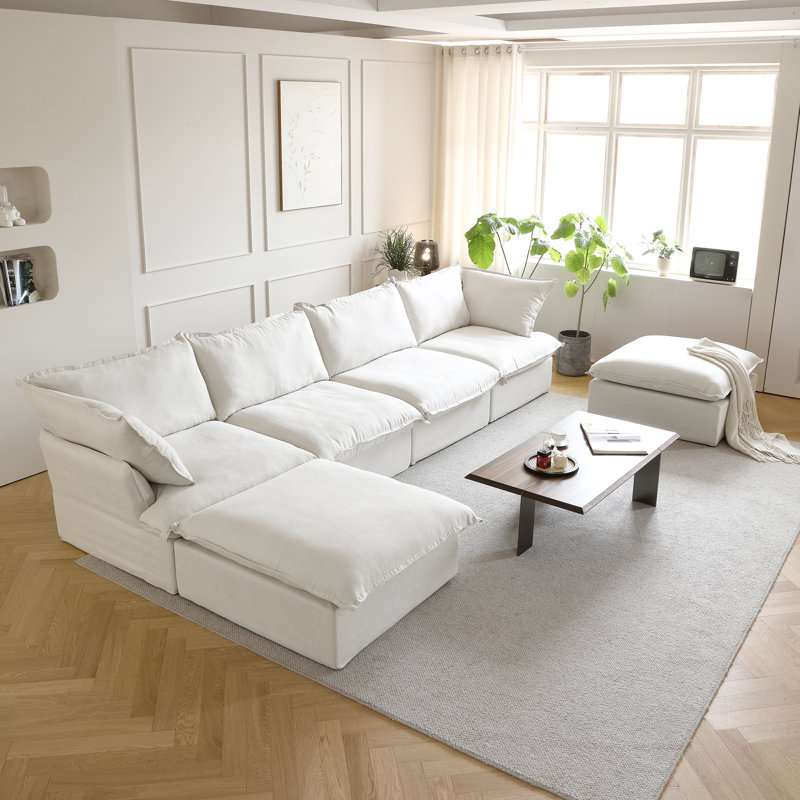 Canapé modulaire rembourré en velours côtelé avec repose-pieds Fairford, Mélange de lin blanc