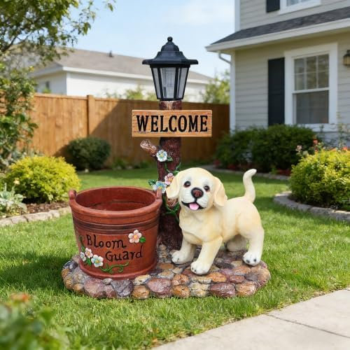 Statue de lanterne solaire pour chien assis en résine, décoration extérieure de jardin à DEL pour pelouse de patio