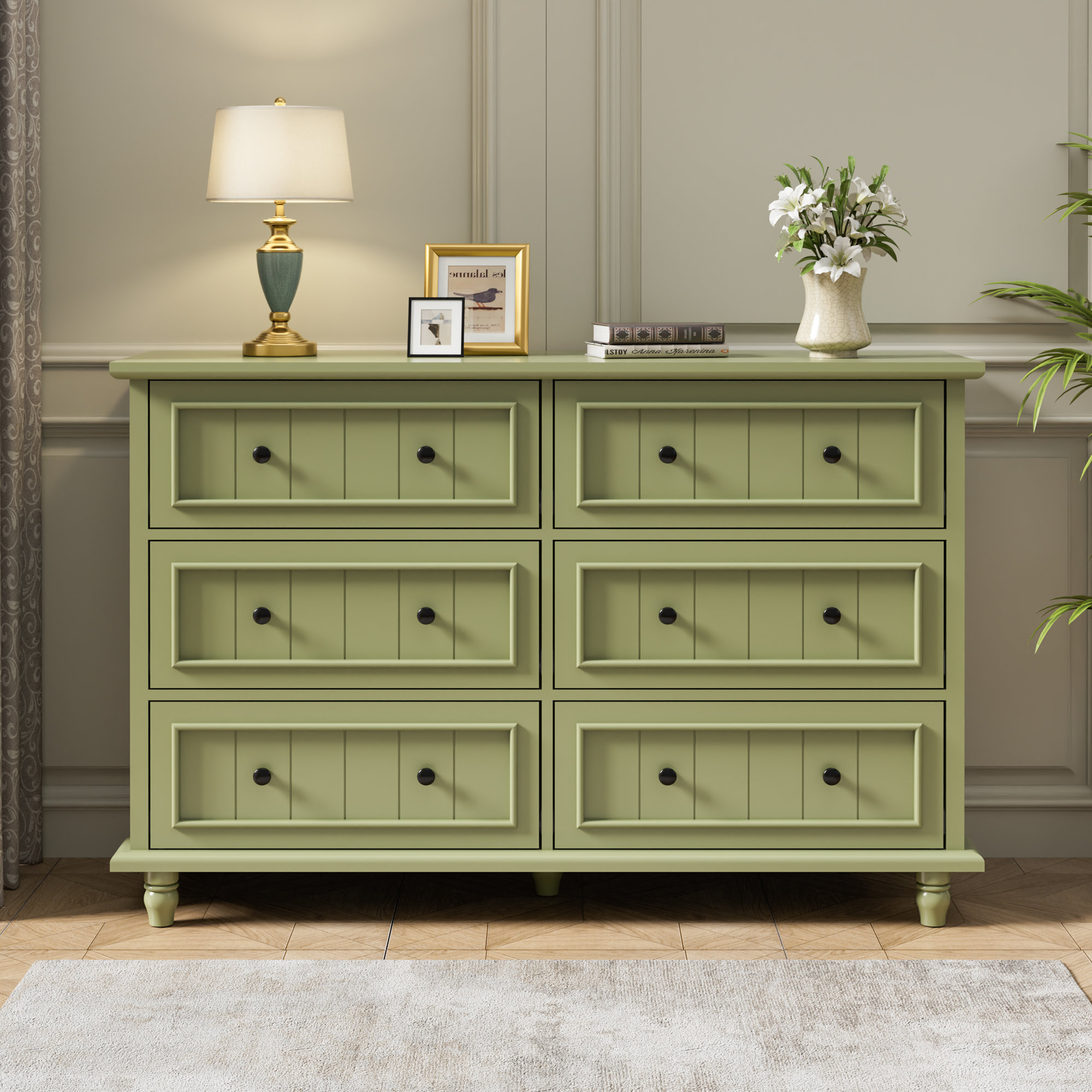 retro style dresser Theo Wide Dresser, 6 Drawers, Gold Handles, Black 59 Inch the dresser ensures stability while maintaining an air of refined grace retro tall dresser Midcentury Modern