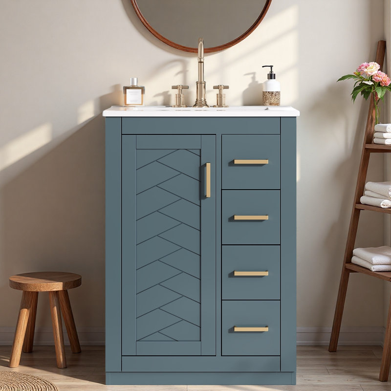 Meuble-lavabo avec lavabo en céramique, 1 armoire et 3 tiroirs, Bleu