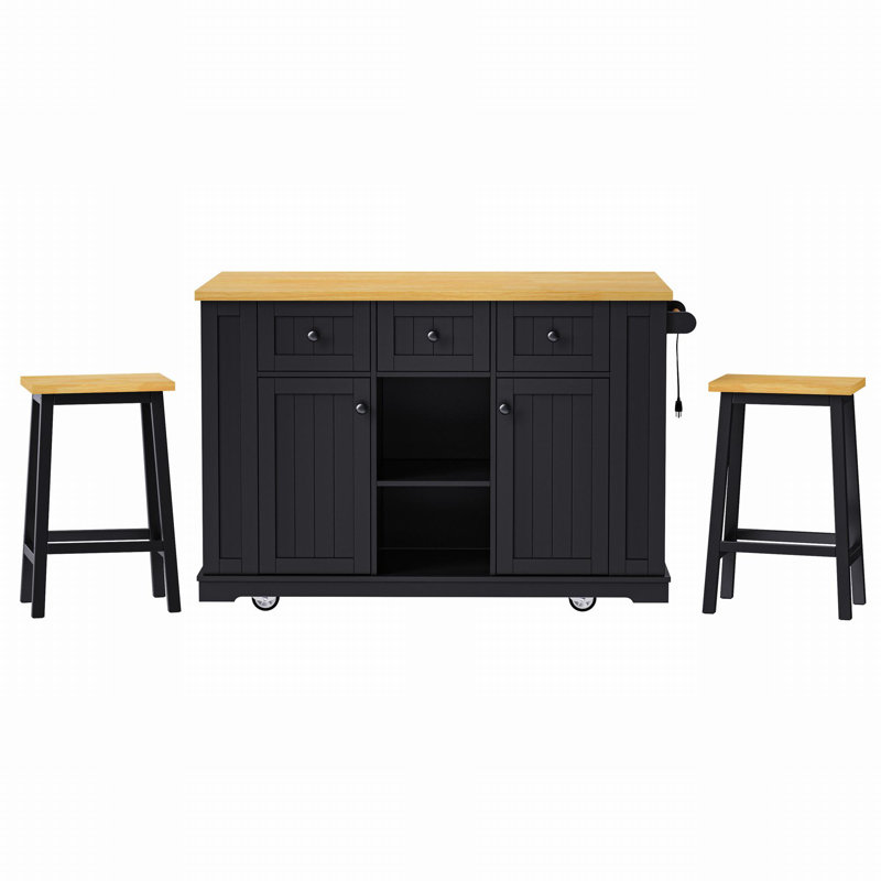 Îlot de cuisine 53 po avec 2 tabourets de bar Arlonda, Noir