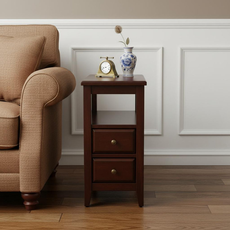 Table de bout 24 po en bois manufacturé brun foncé avec deux tiroirs et une tablette, Marron foncé