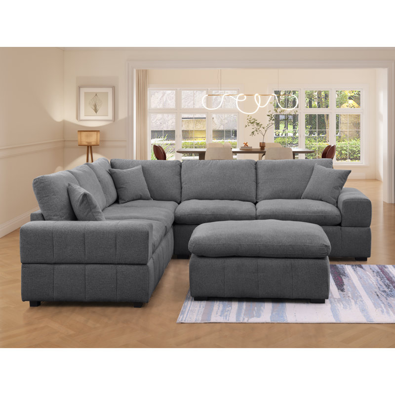 Upholstered 6-seater Cloud Chenille Modular Sofa With Oversized Movable Ottoman & Plush Cushions, Dark Gray Chenille